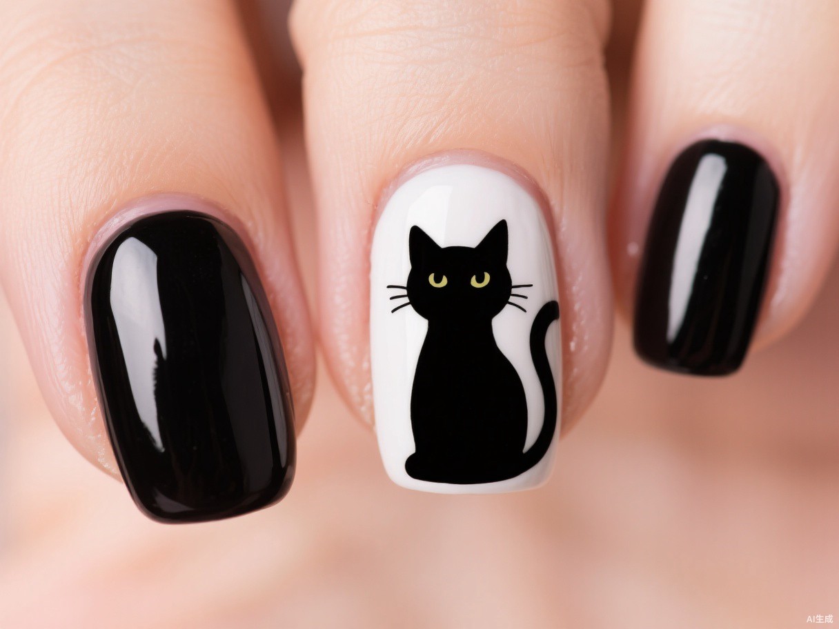 Cute black cat nail art design