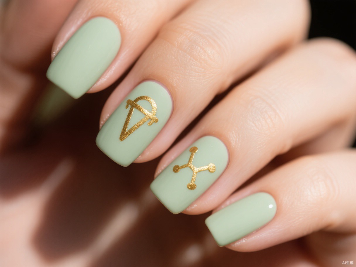 Elegant sage green and gold minimalist Virgo nails